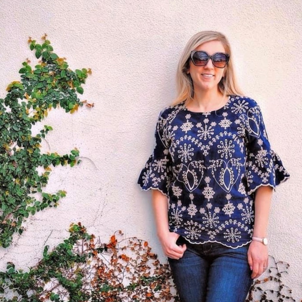 Navy Eyelet Flutter Sleeve Top